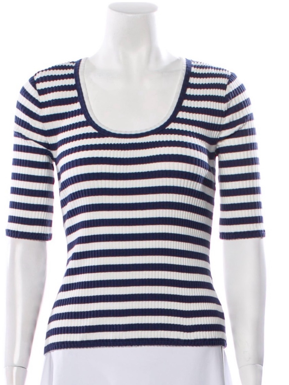 Veronica Beard Navy & White Striped Scoop Neck Rib Knit Sweater